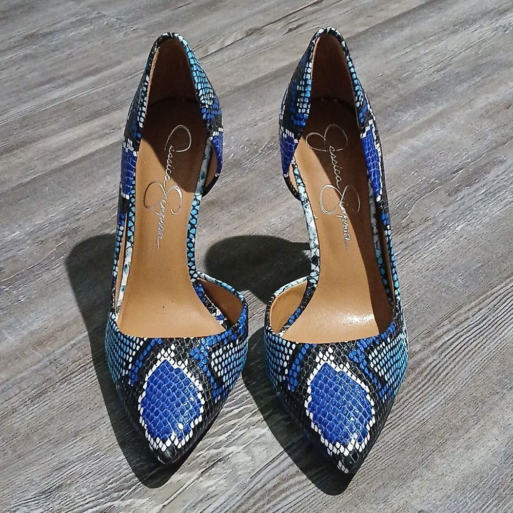 Jessica Simpson blue black white snakeskin print heels Sz 8 NWOB - Picture 2 of 8